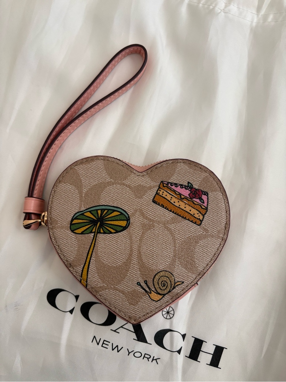 Coach Heart Wristlet in Signature Canvas with Pink Trim and Playful Patches